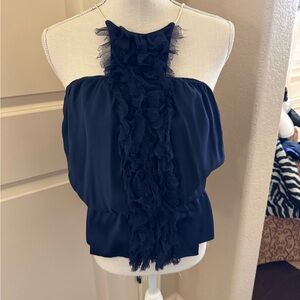 Elegant Midnight Blue Silk Ruffle Blouse